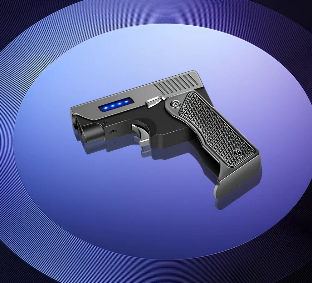 Foldable wind proof lighter showing extended and folded positions with USB charging cable