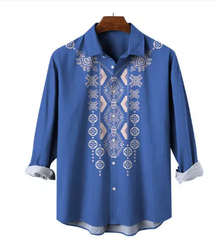 Men's casual long sleeve shirt with unique totem print, available in multiple colors and sizes.