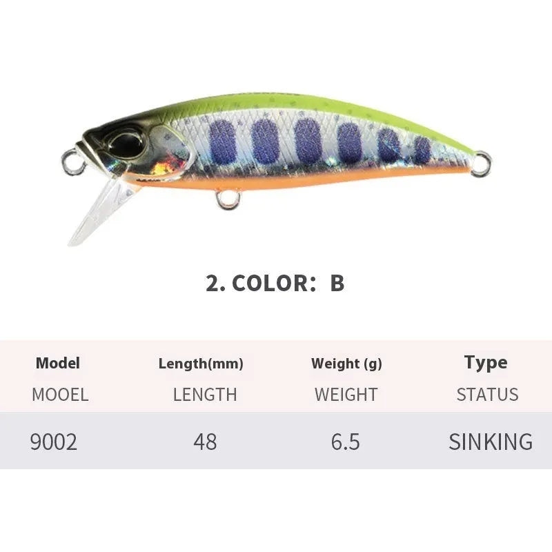Japanese fishing lure with submerged mino design, 48mm length, 6.5g weight, shown in multiple colour variations