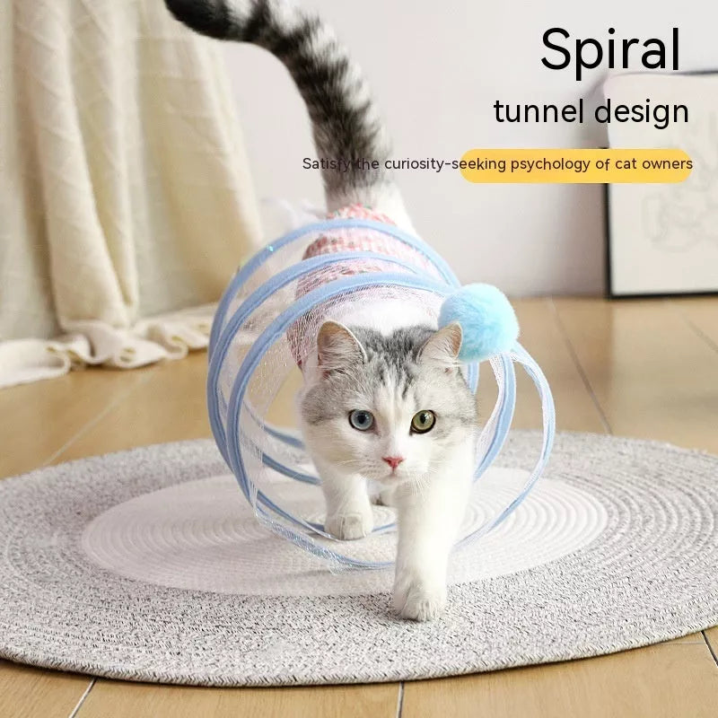 Folded Cat Tunnel S Type with Spring Toy Mouse for interactive cat play