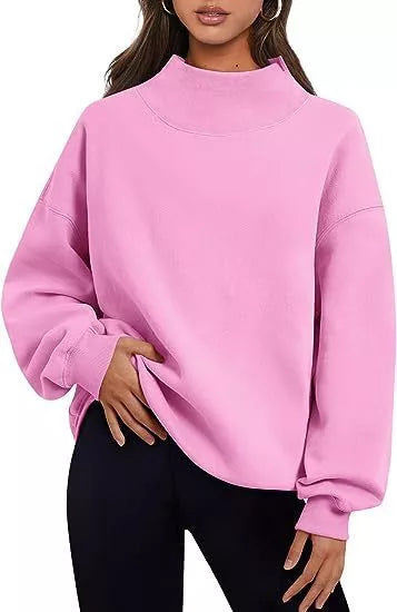 Women's solid color pullover sweatshirt with round neck and loose fit