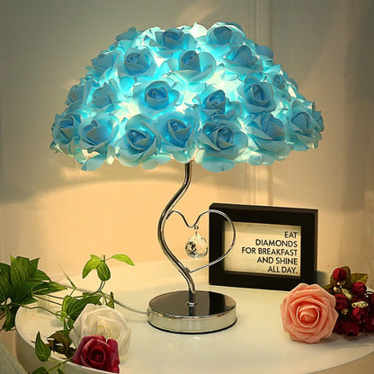 Rose heart-shaped table lamp with metal base in blue colour, measuring 44cm tall