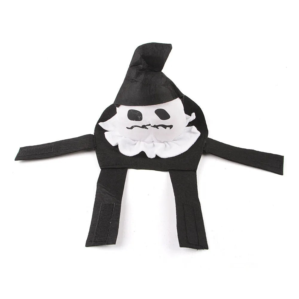 Dog wearing Halloween costume in ghost or pumpkin ghost design made from PP cotton