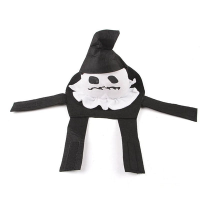 Dog wearing Halloween costume in ghost or pumpkin ghost design made from PP cotton