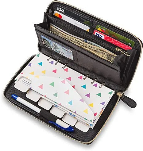 Slim anti-theft RFID blocking card holder wallet in PU leather, shown in various colours including rose gold and black.