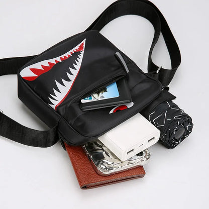 Men's small black crossbody bag with animal pattern printing and oxford cloth construction