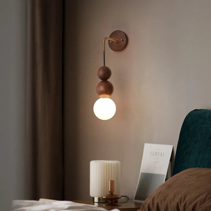 Cylindrical wood and copper wall lamp with tricolour light, 50cm tall.