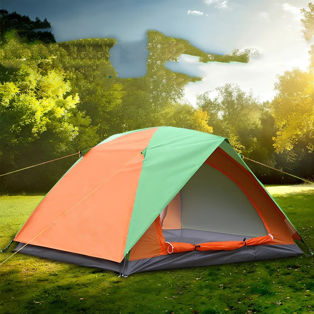 Orange blue double camping tent with reinforced frame showing 200x150x110cm dimensions and weatherproof features