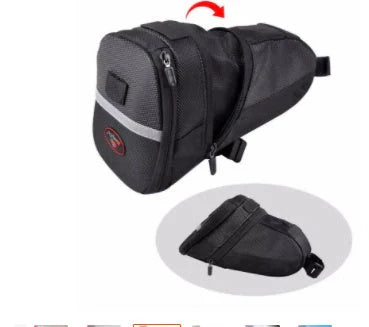 Durable Mountain Bike Tail Bag attached to a bicycle, showcasing its sleek design and waterproof storage.