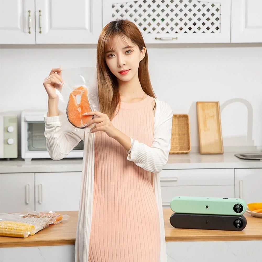 Green compact vacuum sealing machine, 32x7.5x5cm size, 110W power for food preservation with -50kPa pressure