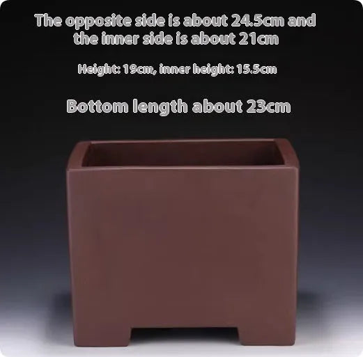 Square purple clay succulent bonsai pot with classical design on wooden table