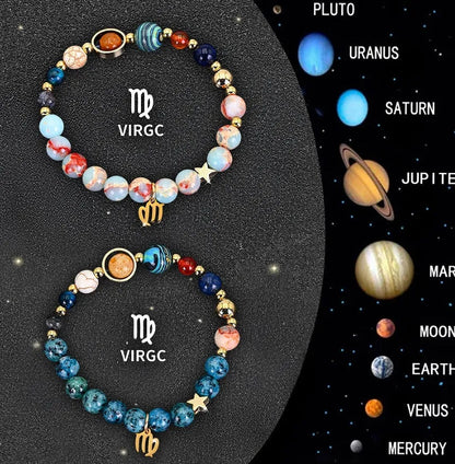 Set of two natural stone beaded bracelets showing zodiac sign designs on an elastic cord.