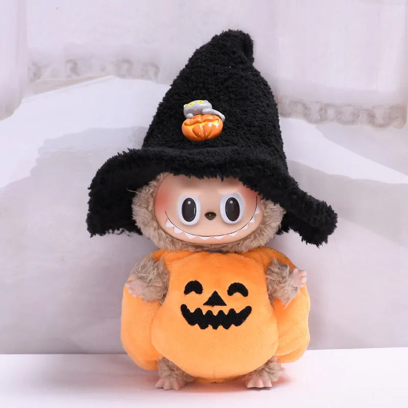 Halloween pumpkin doll clothes with black hat, plush two-piece set, shown as doll clothing and car or curtain decoration.