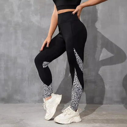 Women's polyester yoga leggings with high-waist design and contrast patchwork patterns in various animal print styles