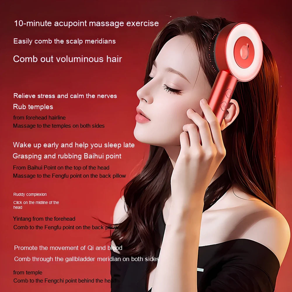 Fluffy comb scalp massager with infrared light therapy functions showing comb attachment and control buttons