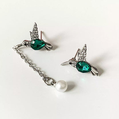 Silver Hummingbird Diamond Pendant Earrings with water droplet design, Korean-style jewelry