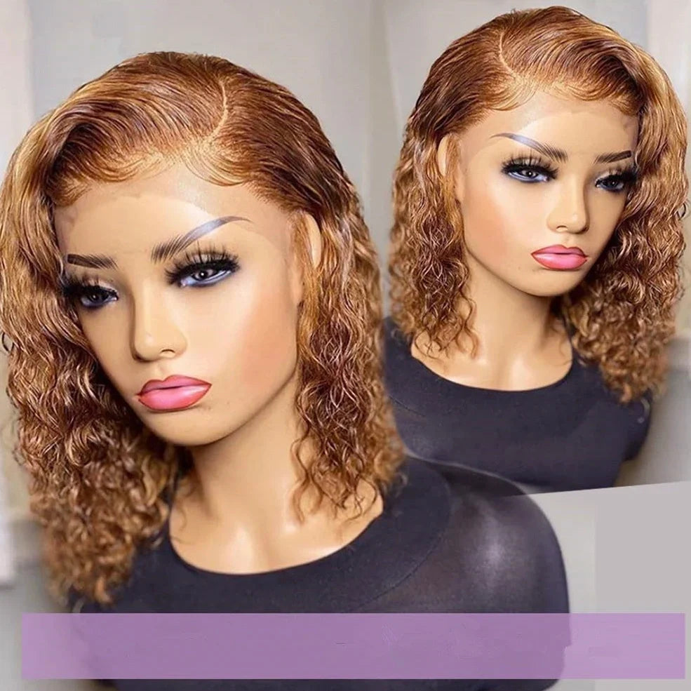 Short curly honey blonde bob wig with 13x4 lace front, light brown human hair, long bangs