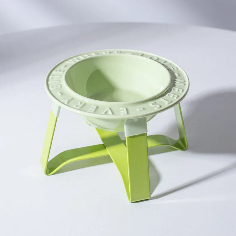 Ceramic cat bowl with iron anti-tip frame in blue colour with silicone pad