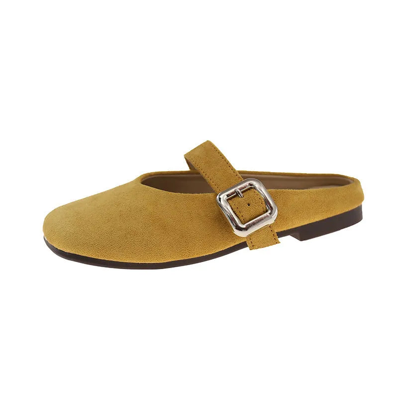 Women's flat square toe slipper in apricot colour with a rubber sole and PU upper.