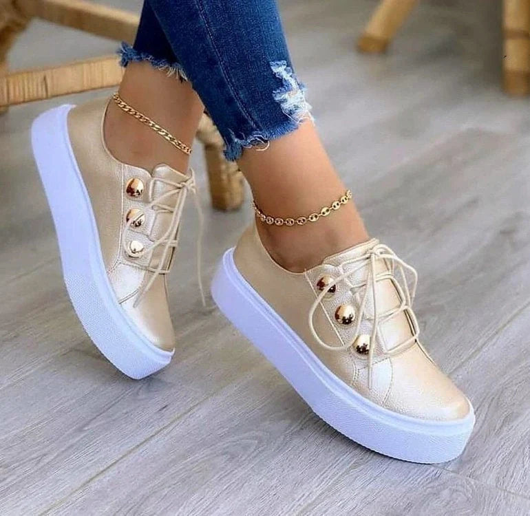 Women's Rivet Lace-up Flats Sneakers in white, black, gold, and rose gold