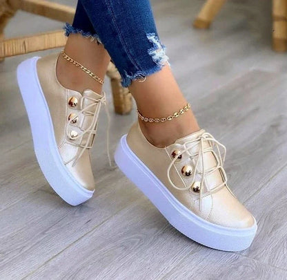 Women's Rivet Lace-up Flats Sneakers in white, black, gold, and rose gold