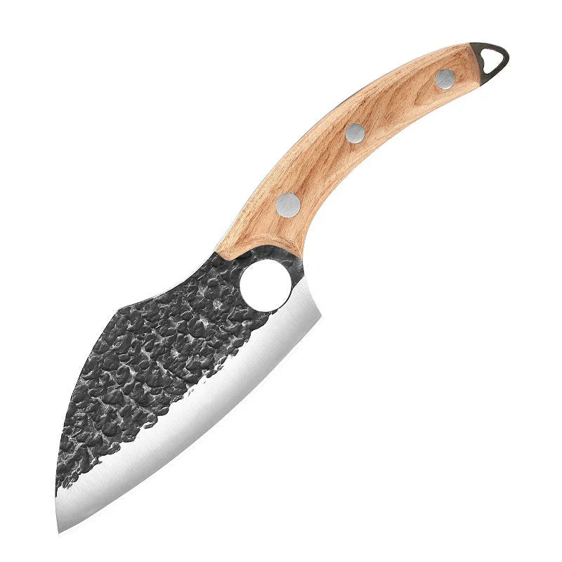 Rugged high-carbon steel outdoor folding knife with antique-inspired hammer pattern design and protective leather sheath