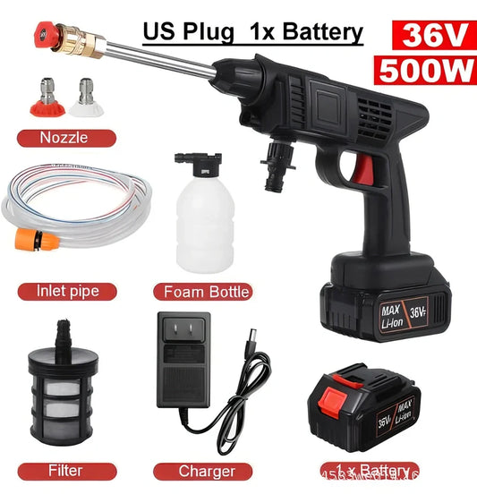 Cordless electric car washing machine with aluminium alloy head and ABS handle, showing nozzle attachments