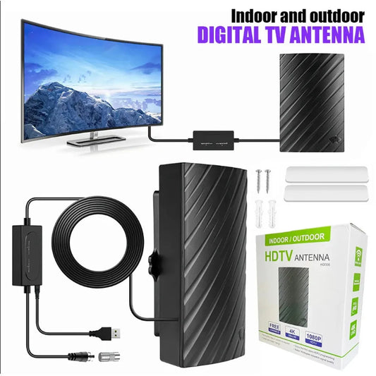 Black plastic digital television antenna measuring 18x16x7cm with expansion tubes and mounting accessories
