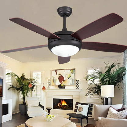 Wood blade ceiling fan with glass lampshade in black finish, 46cm diameter