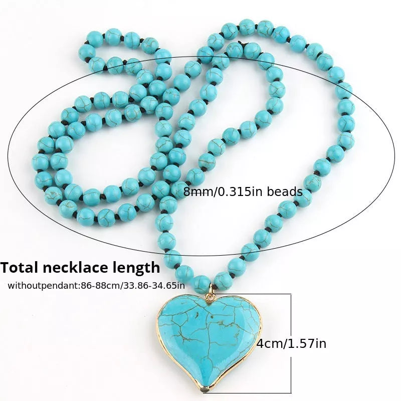 Handmade vintage ethnic style necklace with heart-shaped Mother Pearl pendant and turquoise beads