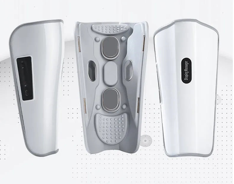 White plastic pulse calf massager with electrotherapy and infrared functions, showing mechanical controls.