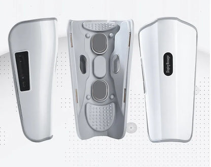 White plastic pulse calf massager with electrotherapy and infrared functions, showing mechanical controls.