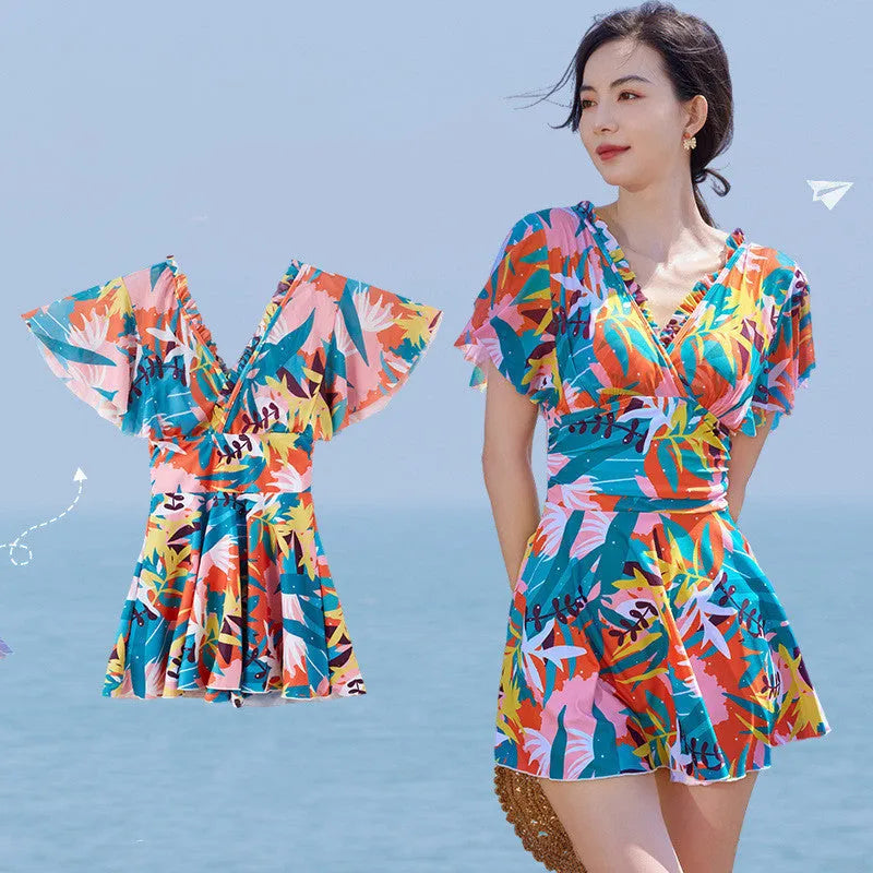Women's colourful print cover belly siamese one-piece swimsuit