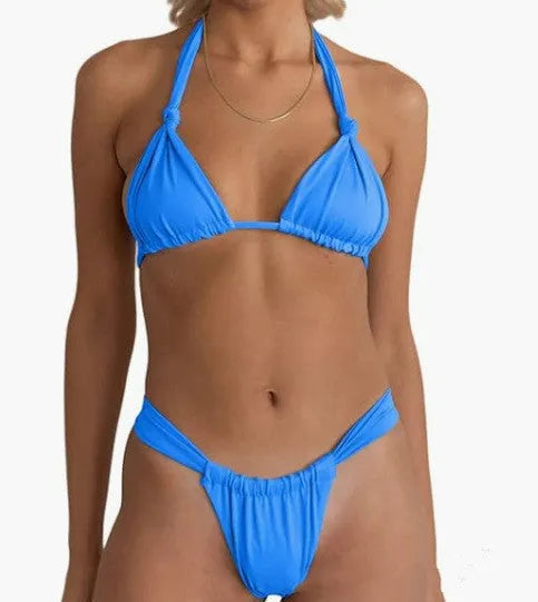 Women's adjustable bikini swimsuit in Beijing blue with split strap and knotted design for swimming