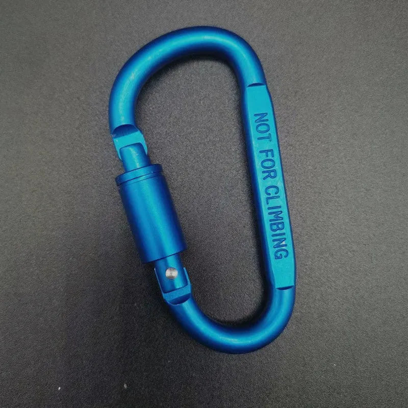 D-type aluminium climbing carabiner with screw-lock gate in bright black colour, 8cm flat design