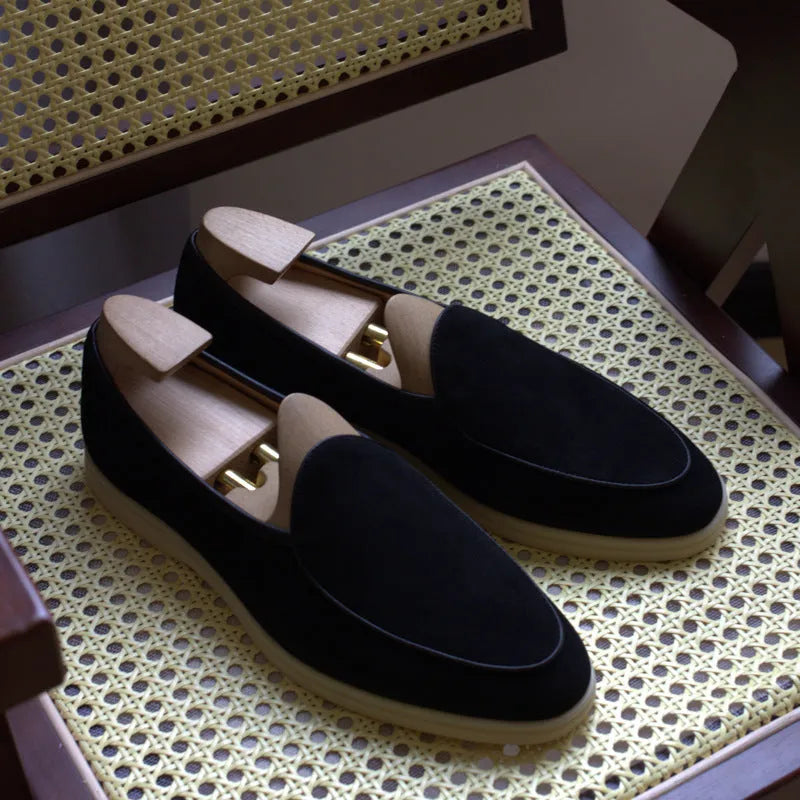 Men's full-grain leather loafers in brown with TPR sole, showing low-tube sock design and classic styling