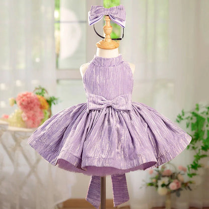 Girls' dreamy purple velvet princess dress showing princess silhouette and velvet texture
