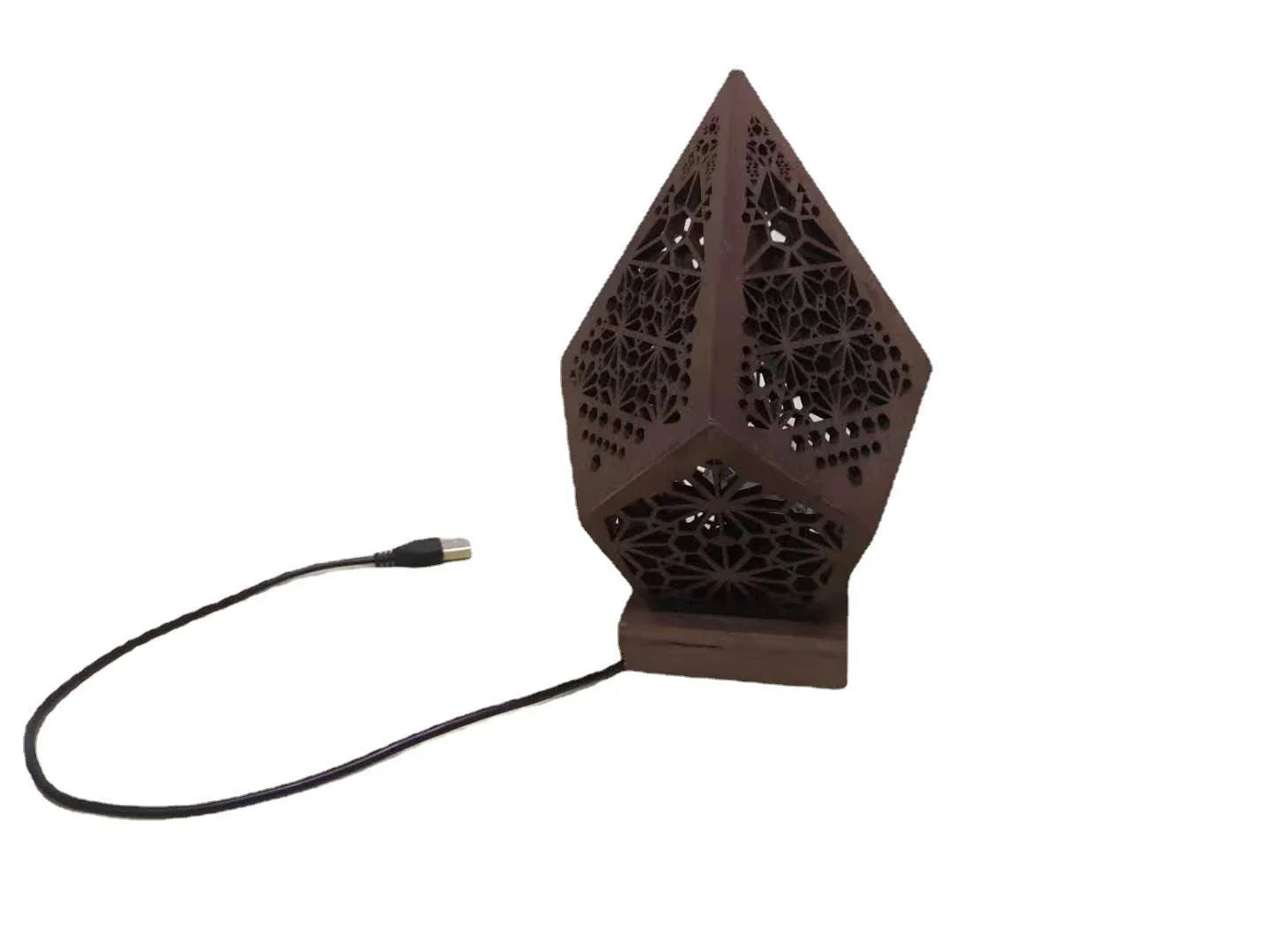 Wooden projection lamp with 3D lighting effects creating a mesmerizing atmosphere in a living room