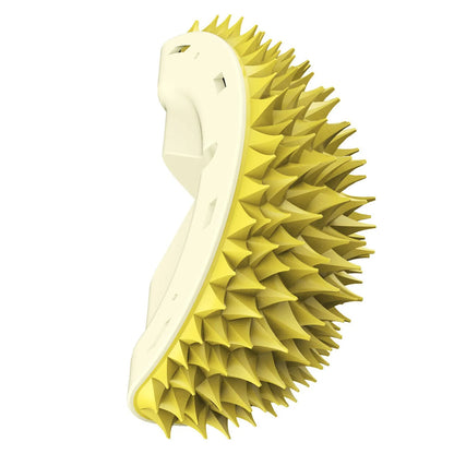 Durian shape wall cat brush and self groomer in green or yellow, 130g, with rotating catnip ball