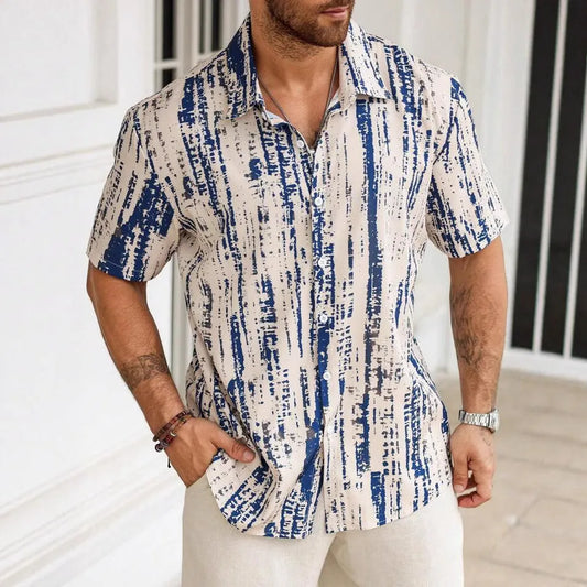 Men's striped short-sleeve shirt in apricot with 3D digital printing and anti-wrinkle fabric