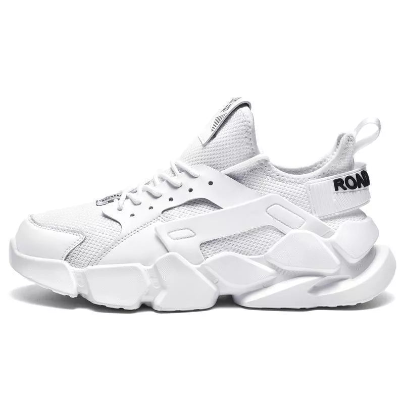 Breathable mesh casual shoes in white and black with thick rubber soles