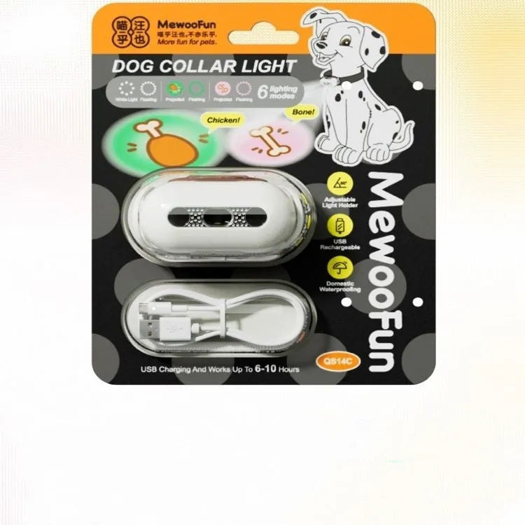 Pet luminous collar light with multicolour LED patterns and hanging ring for dog collar attachment