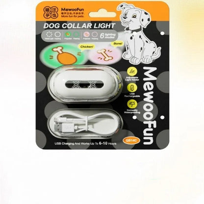 Pet luminous collar light with multicolour LED patterns and hanging ring for dog collar attachment