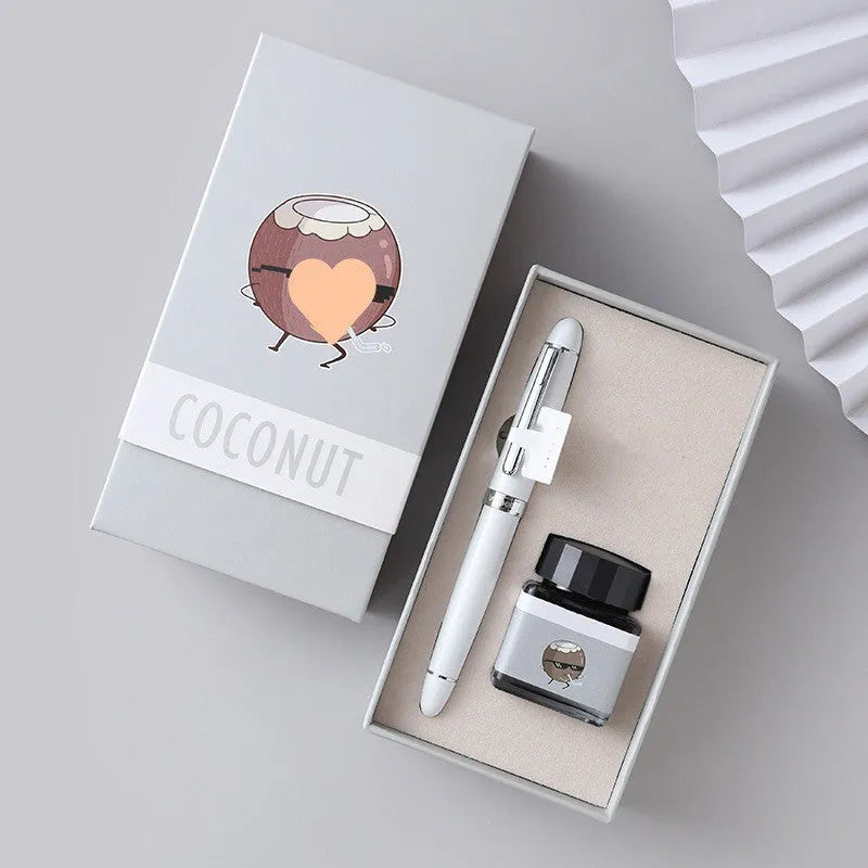 Metal beginner calligraphy fountain pen with gift box, available in Avocado, Bear, and Little dinosaur styles.