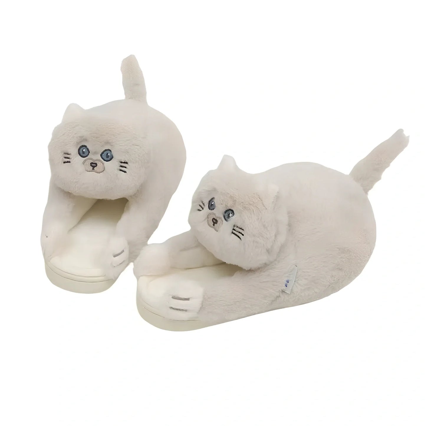 Cotton cat slippers with non-slip sole and animal pattern in blue, white, or beige