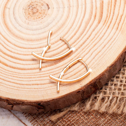Cross-shaped copper earrings with rose gold finish, showing dimensions and post closure