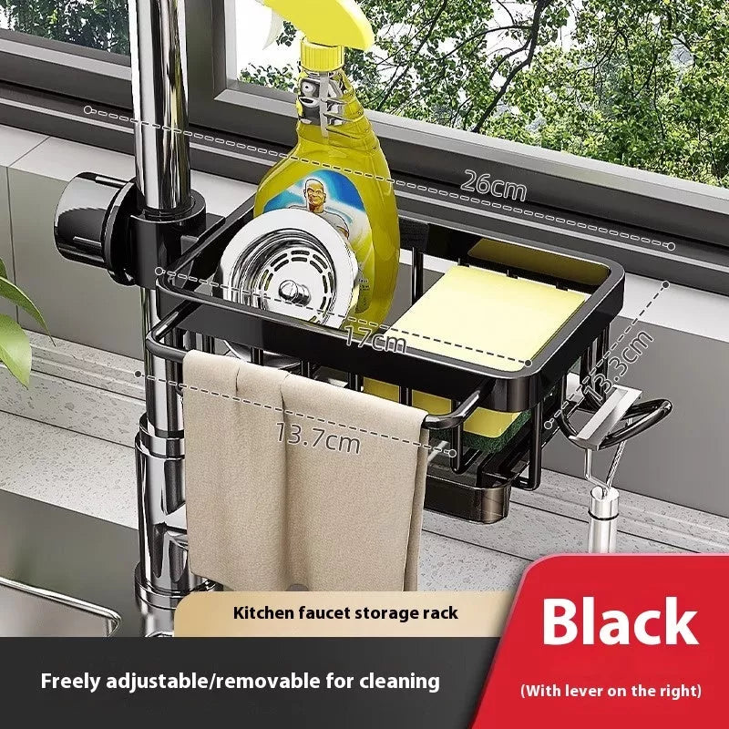 Aluminum sink faucet storage rack with rotatable design and towel hook