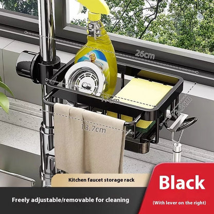 Aluminum sink faucet storage rack with rotatable design and towel hook