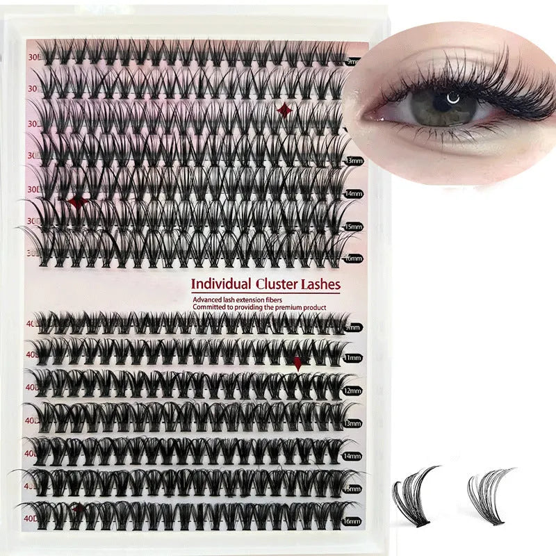 DIY cluster false eyelashes mixed package showing boxes of 30D and 40D lashes with tweezers