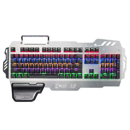 Silver metal gaming keyboard with integrated wrist rest and green mechanical keys on desktop